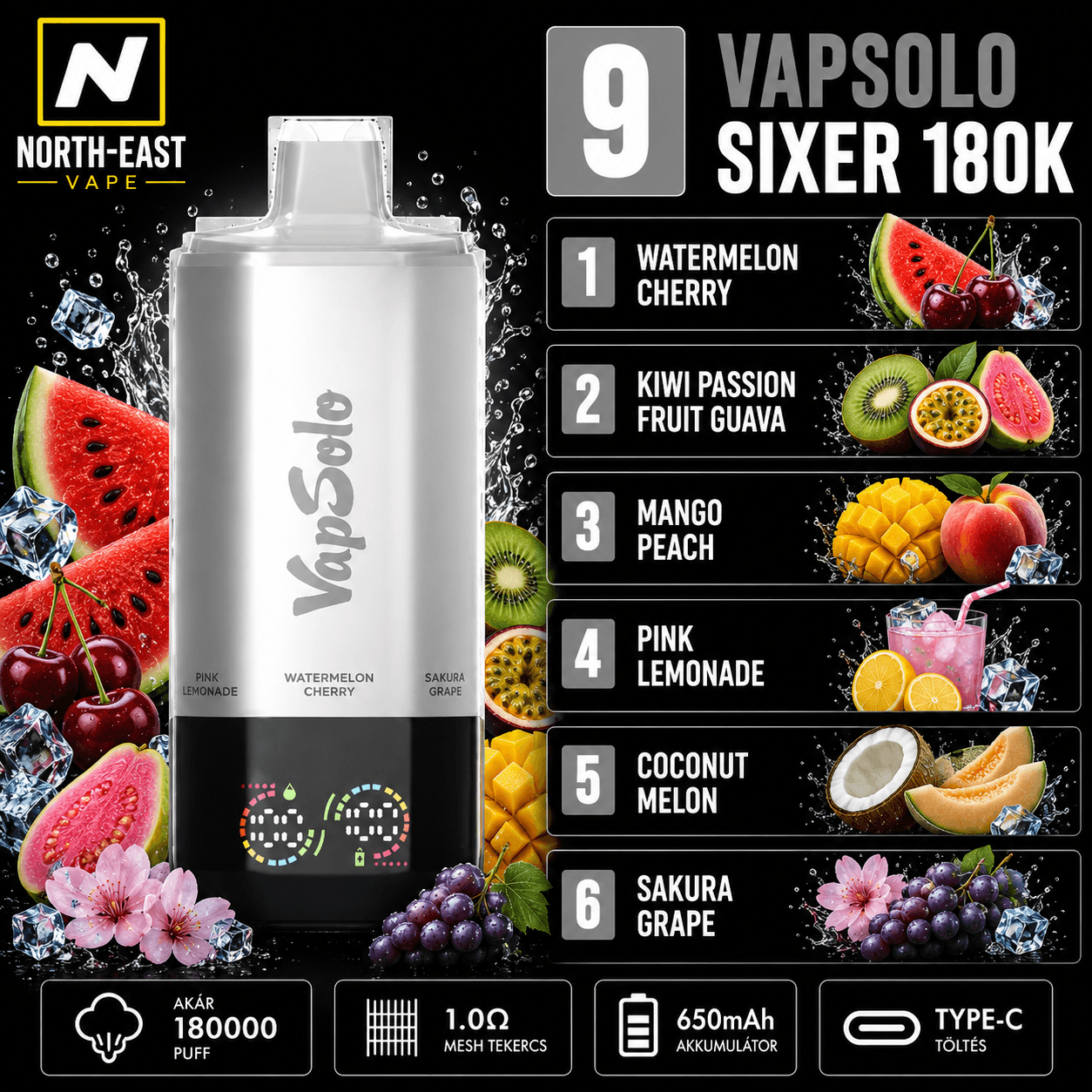 VapSolo Sixer - #09 - đ Görögdinnye-Cseresznye âą đ„ Kiwi-Maracuja-Guava âą đ„ MangĂł-Barack âą đ Pink Lemonade âą đ„„ KĂłkuszos Dinnye âą đ Sakura SzĆlĆ